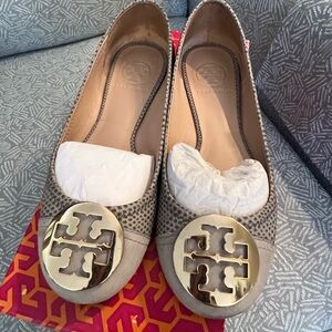 TORY BURCH SERENA 2 BALLET FLAT KARUNG MONTILA SNAKE PRINT SLATE/MERCURY/GOLD  6